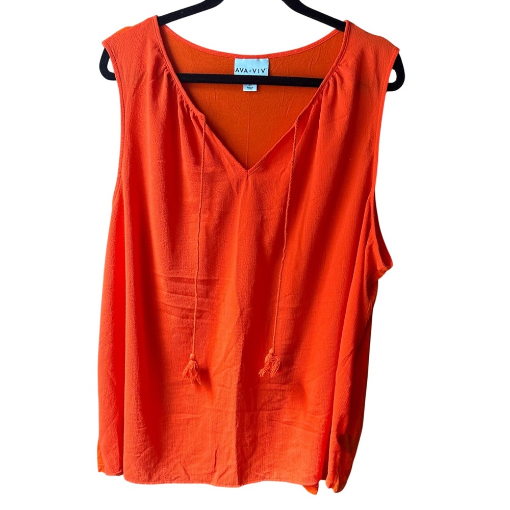 Ava & Viv Womens 3X Orange Sleeveless Tassel Tie V-Neck Blouse Top